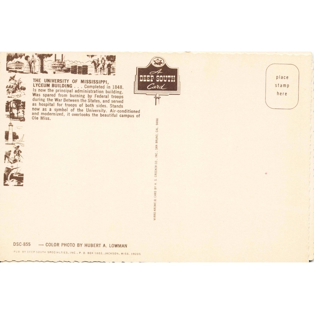 Ole Miss University Mississippi Lyceum Building Chrome Postcard Hubert Lowman - Picture 2 of 2